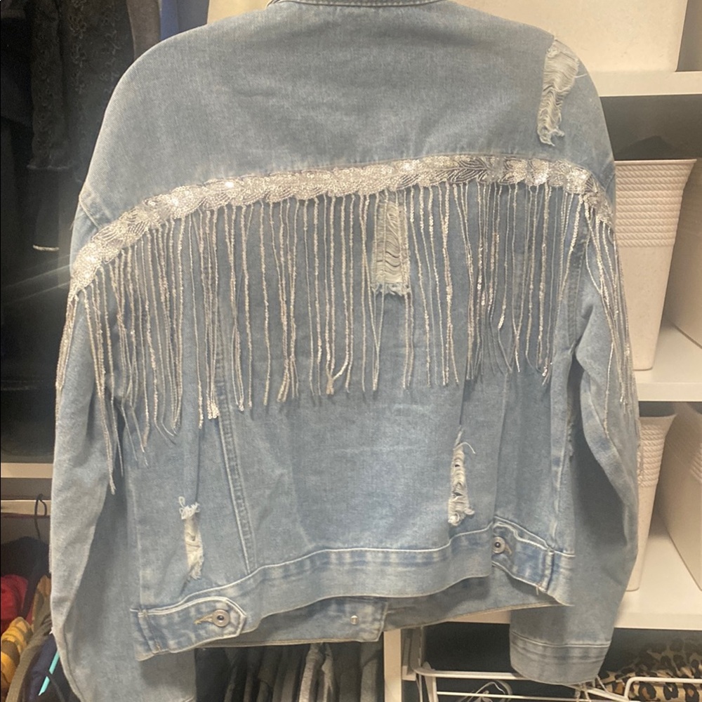 Distressed Light Blue Jean Jacket with Fringe - Upcycled